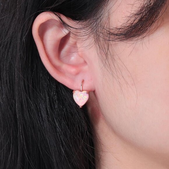 Heart Opal Earrings Leverback Drop Jewelry for Sensitive Ears Fashion Gift - Picture 2 of 8